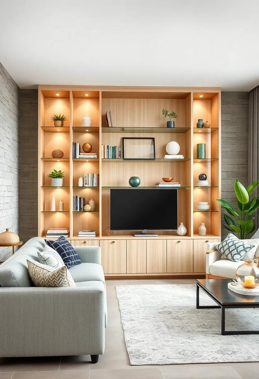 Achieve a beachy, relaxed vibe with a coastal-themed bookcase that features glass shelves and light wood, blending seamlessly with your decor