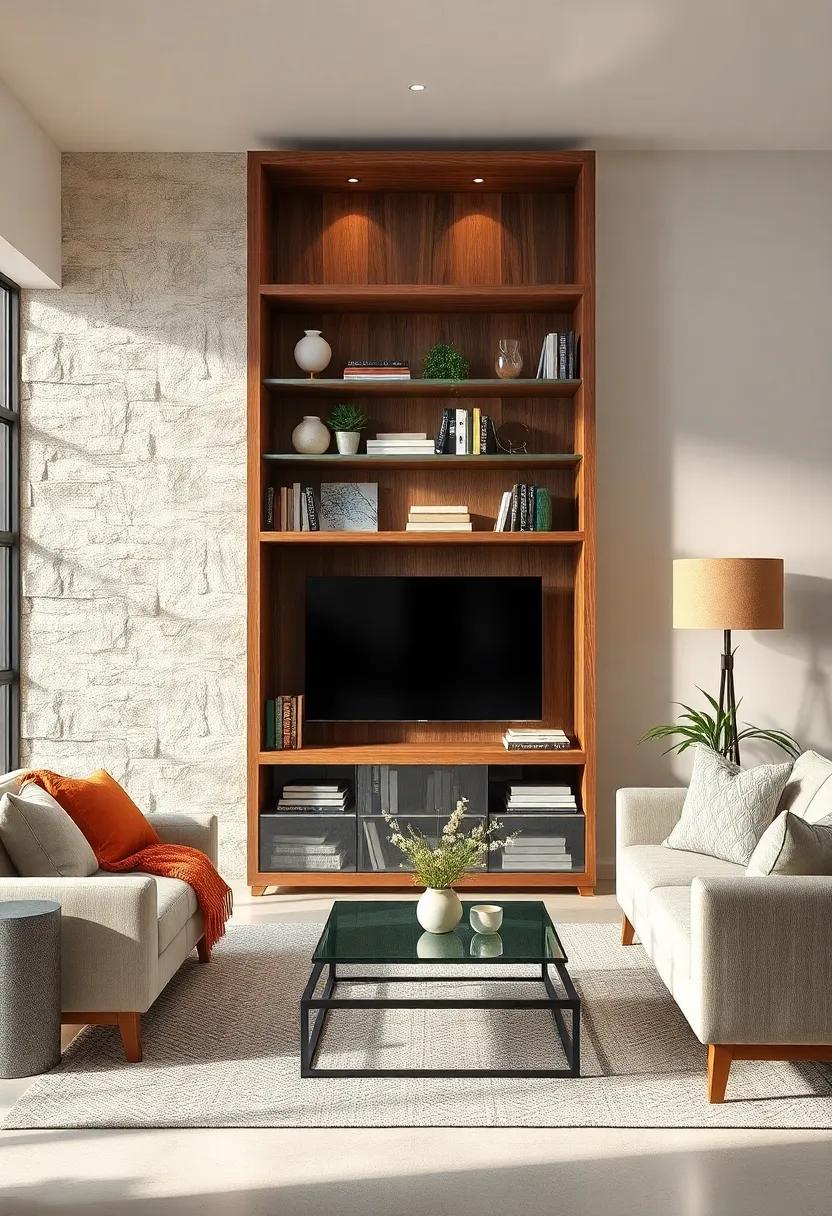 Invite nature into your space with a bookcase that features reclaimed wood and glass shelves, combining eco-friendliness with rustic charm
