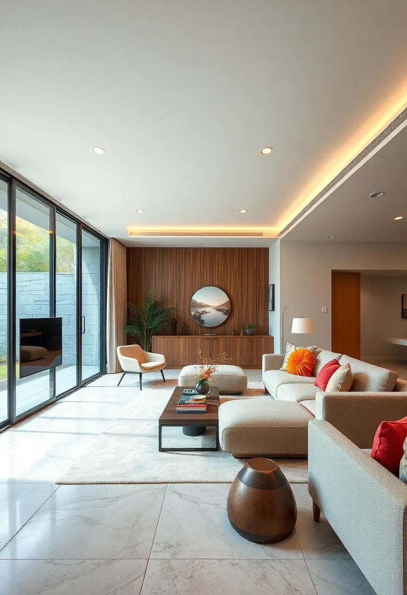 Sleek Glass Panels: Embrace transparency with floor-to-ceiling glass sliding doors that bring the outdoors in, making your living room feel more spacious and inviting