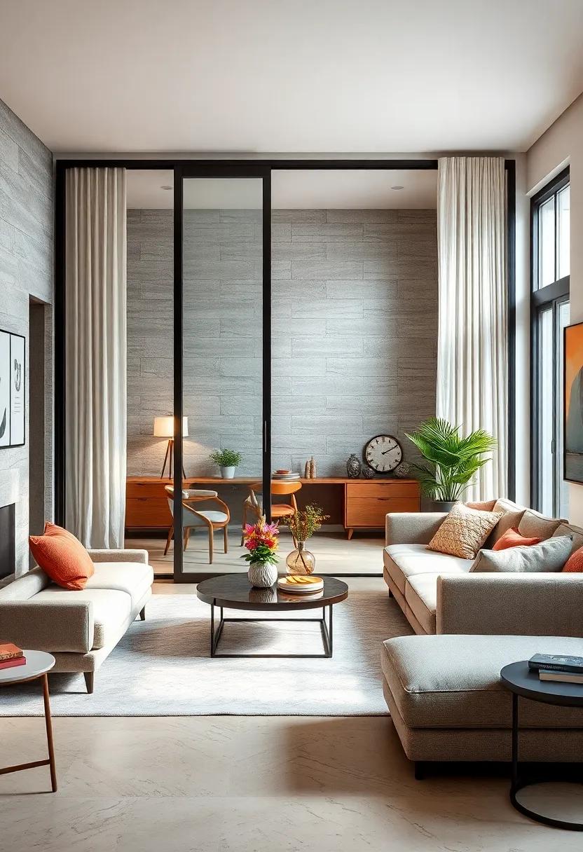 Minimalist Metal Frames: Opt for sliding doors with minimalist metal frames for an industrial ambiance that complements modern design elements in your living room