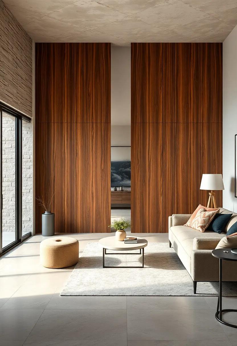 Textured Wood Panels: Go for textured wood sliding doors to introduce warmth and tactile elements that contrast beautifully with sleek, modern interiors