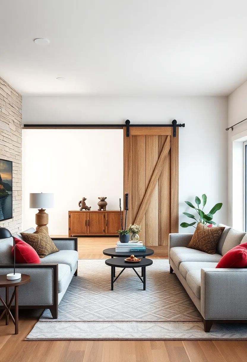 Rustic Barn Door: Add a touch of farmhouse charm with a rustic wooden sliding barn door, perfect for creating cozy segments within your modern living space