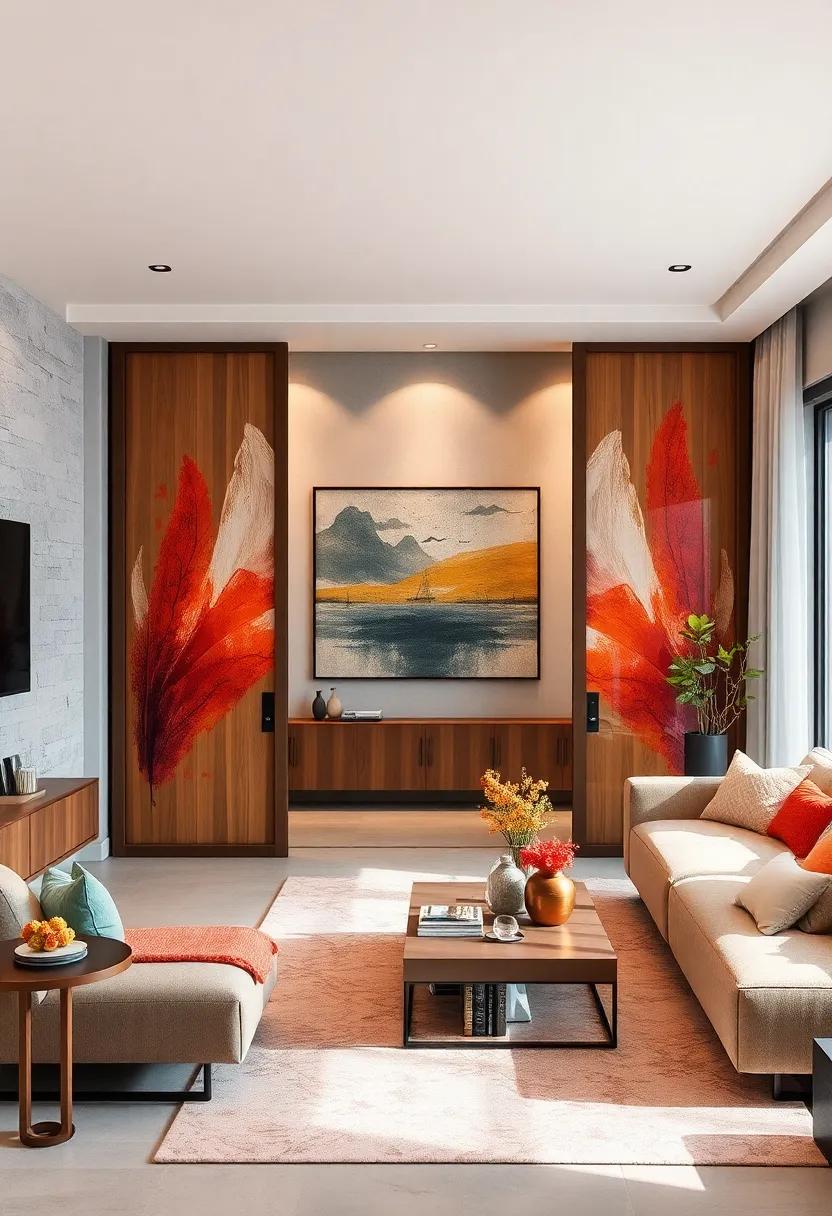 Double Duty Doors: invest in sliding doors that double as an art piece, featuring striking designs or artwork that enhances your living room's decor
