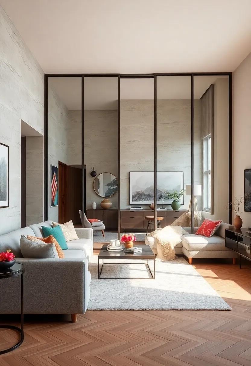 Mirrored Dividers: Utilize sliding doors with mirrored surfaces to reflect light and create the illusion of a larger living room while adding a chic aesthetic