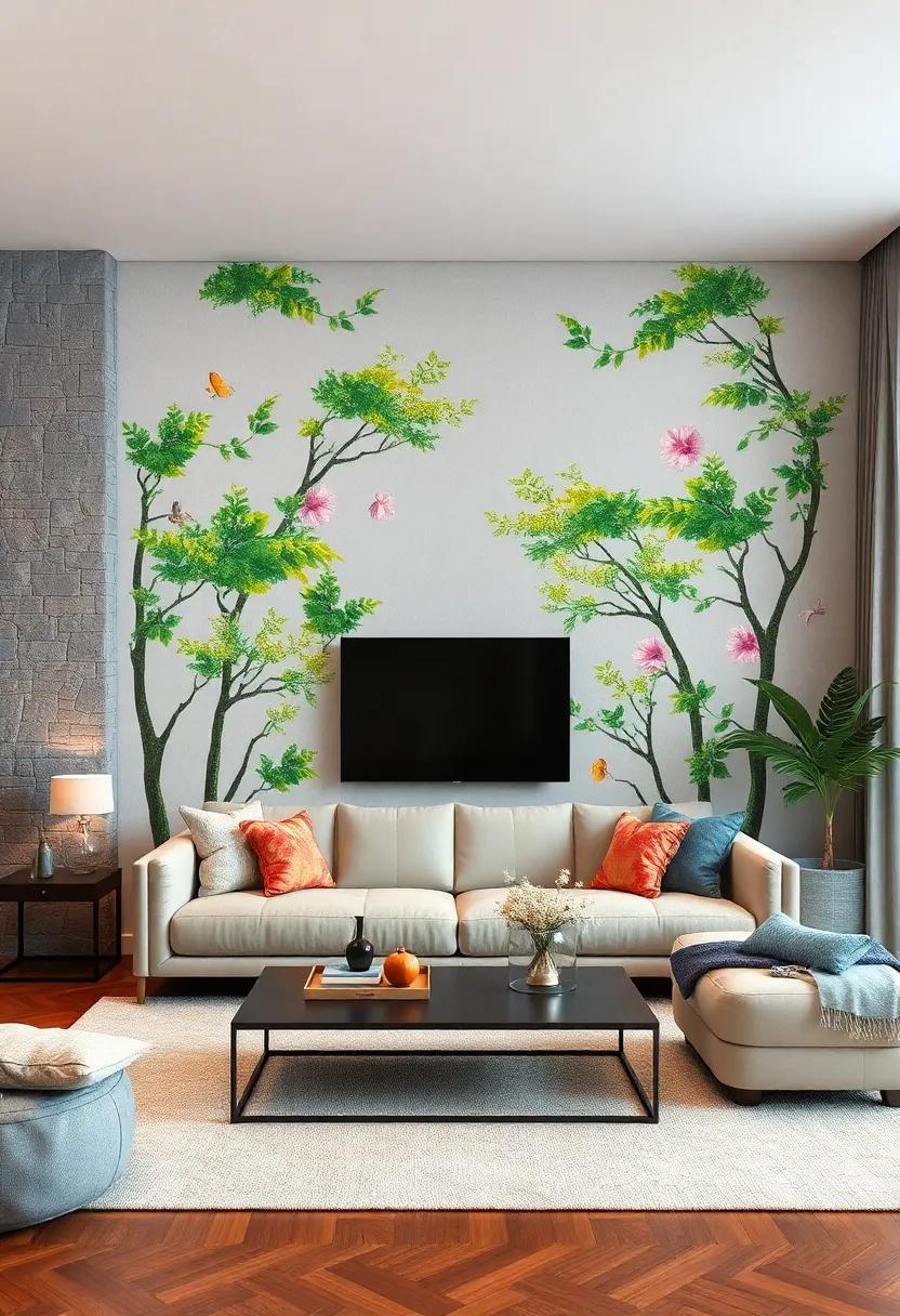 Nature's Embrace: Bring the outdoors inside with wall decals of trees, leaves, and flowers, transforming your living⁢ room into a serene oasis