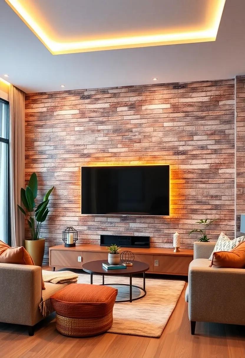 Create a Faux Brick Backdrop: embrace a rustic feel with a faux brick wall that adds texture and warmth, paired with LED strip lights for a cozy ambiance