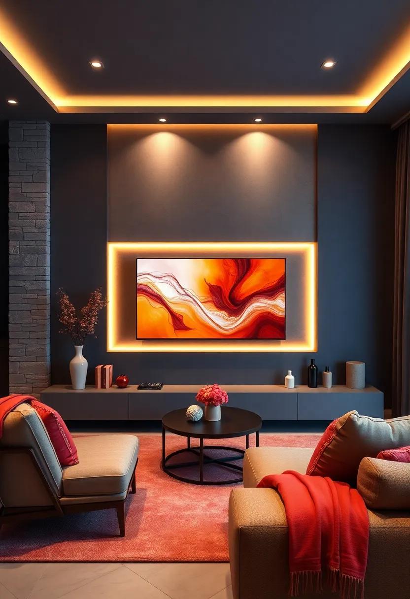 Dark Glamour: Paint the wall a deep hue to set an intimate tone and use LED lighting strategically to bring out the richness of the color, creating an inviting atmosphere