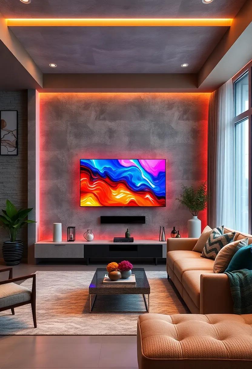 Colorful LED Backlighting: Add vibrant LED backlighting behind your TV to create a dynamic visual effect that can change with your mood or the movie you’re watching
