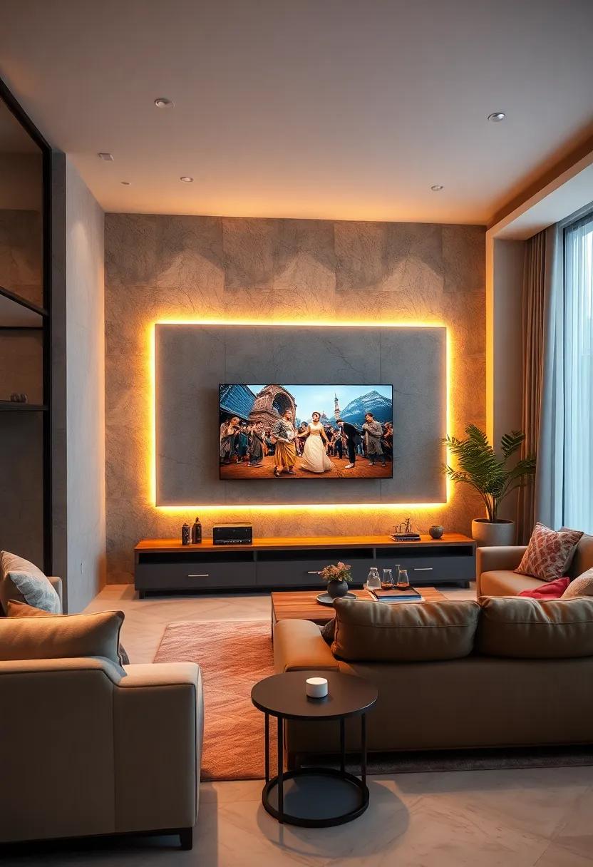 Multi-Layered Lighting: Design a multi-layered lighting scheme with ambient, task, and accent lights, showcasing your TV while setting the perfect mood for any occasion