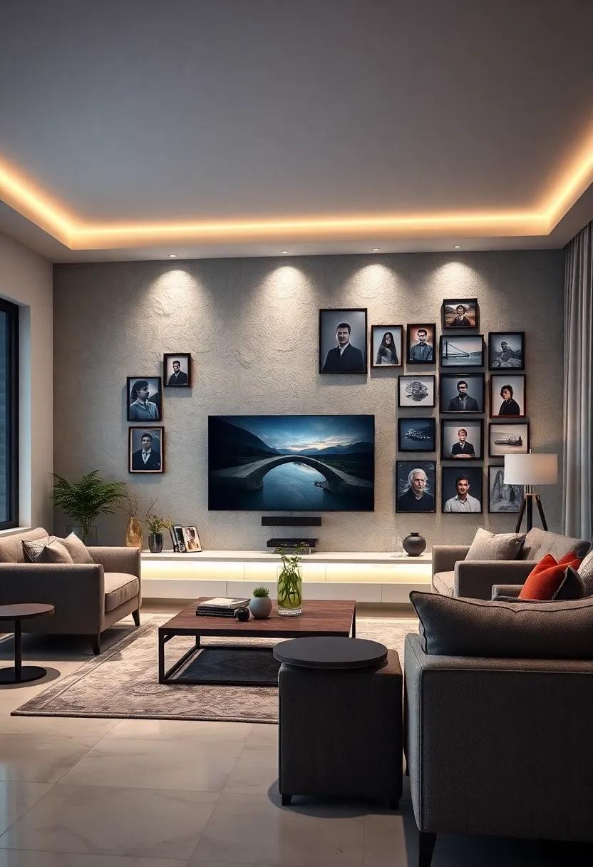 Vintage Gallery Wall: Combine your TV with a gallery of cherished photos and artwork, enhanced by LED spotlights that draw attention to your memories
