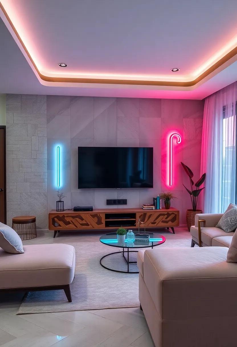 Retro Neon Accents: Infuse some vintage charm with retro neon LED lights, incorporating playful shapes and colors that add character to your TV wall design
