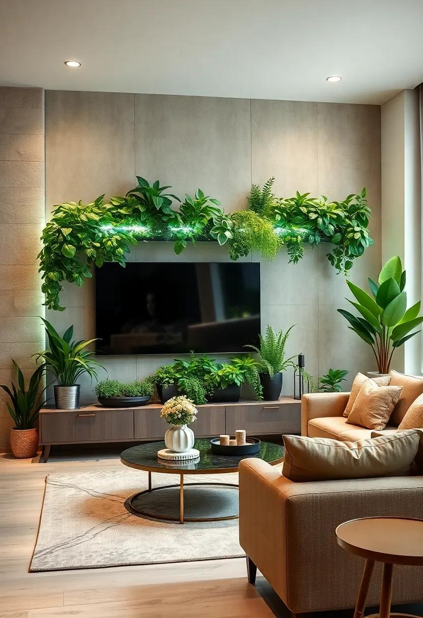 Sleek Minimalism: Opt for a clean, white wall with simple cabinetry to house your TV, and highlight with subtle LED lights that create a modern, airy look