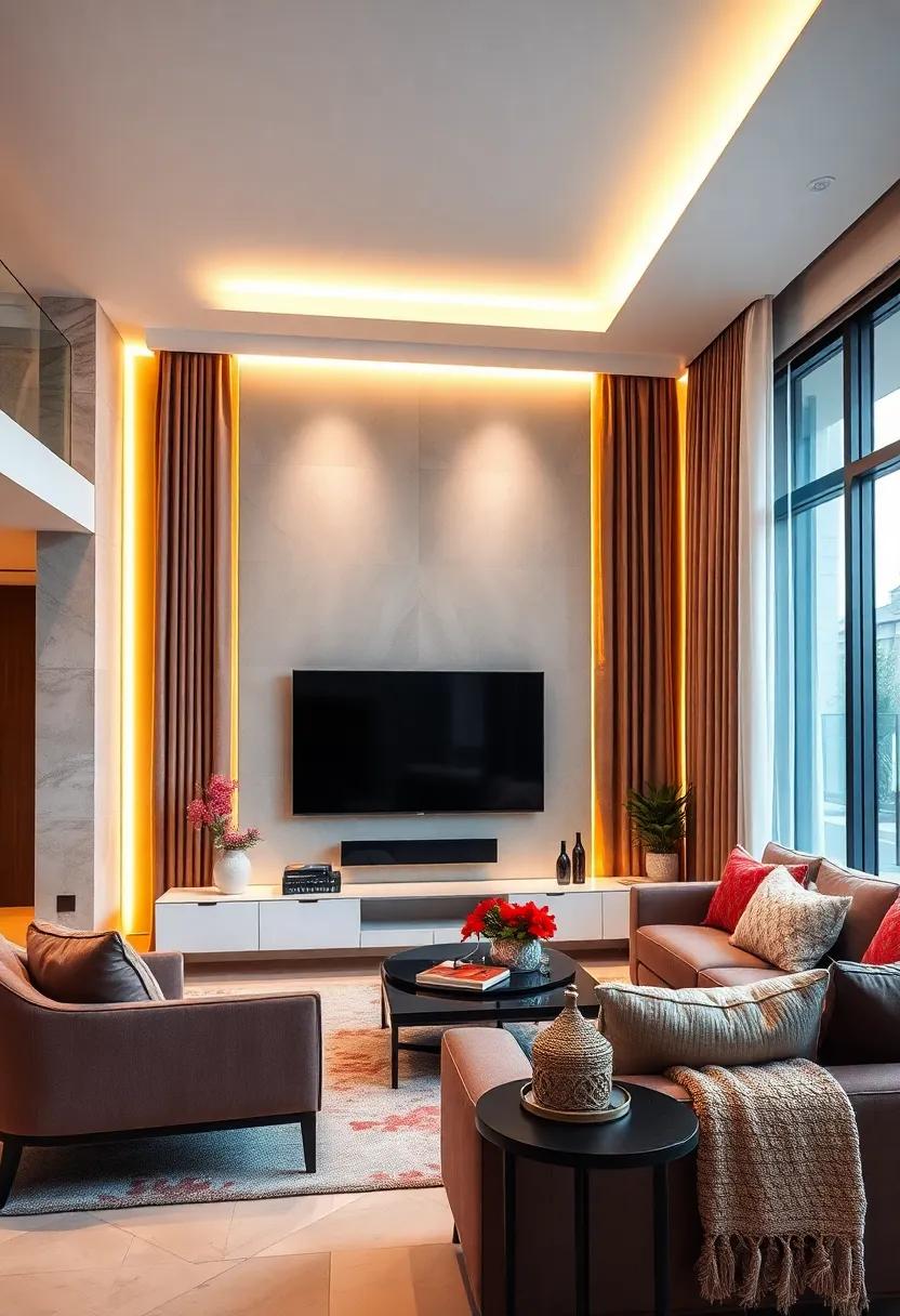 Stylish Drapery: Incorporate fabric drapes or panels that can be backlit with LED lights to create drama and softness around your TV area