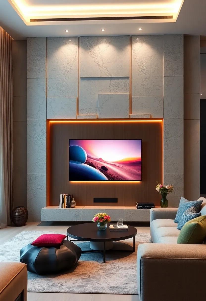 Architectural Paneling: Use geometric panel designs to create a three-dimensional effect behind your TV, accentuated by LED uplighting that draws attention to the unique shapes