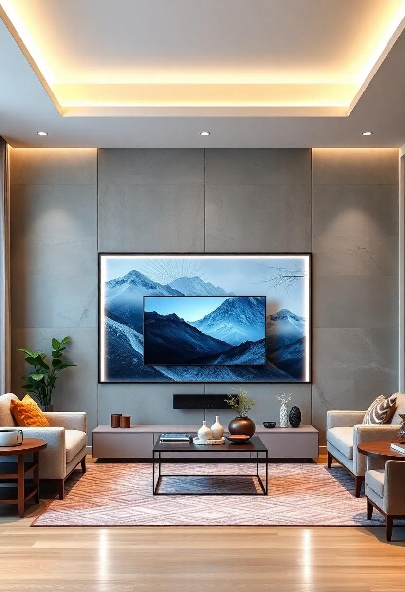 Artful Frame: Design your TV wall to resemble a piece of artwork by framing your television with a bold border and illuminating it with soft LED lights for a gallery-like appearance