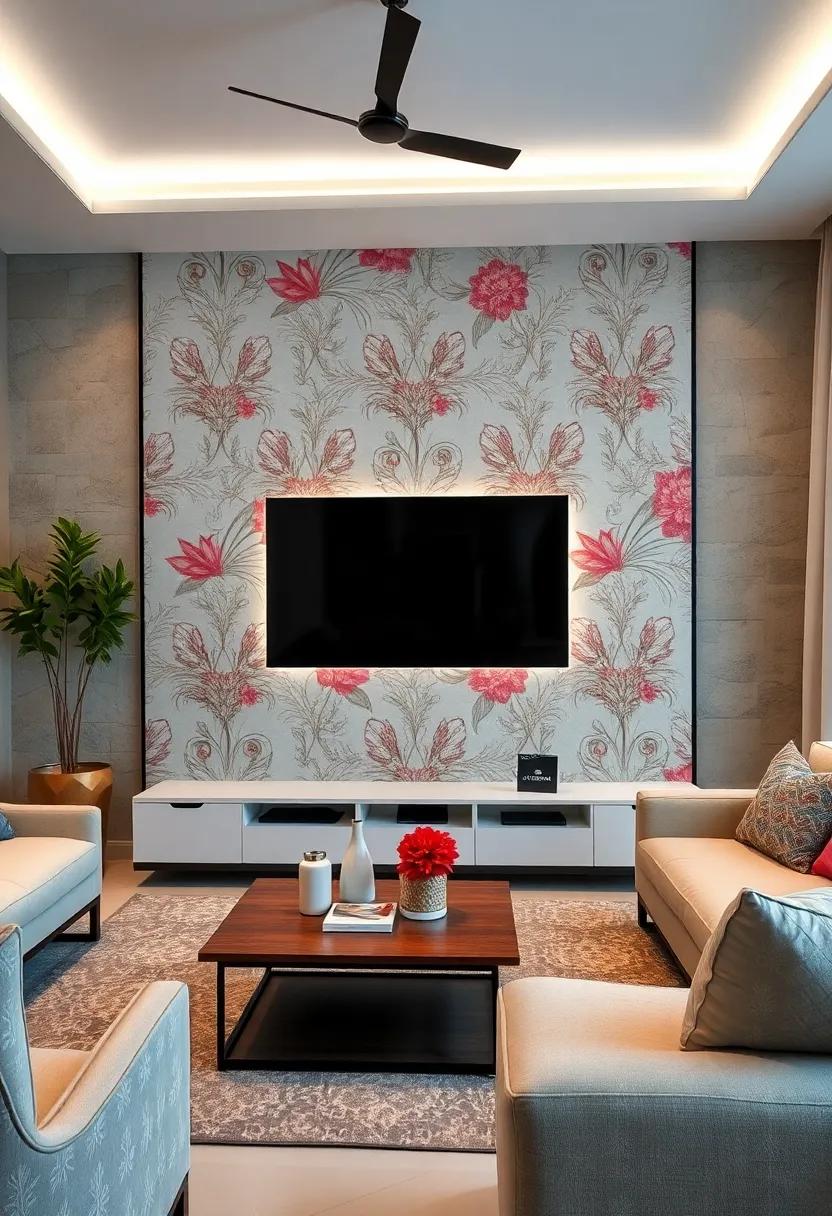 Integrated Shelving: Build custom shelves around the TV area, incorporating LED lighting to showcase books, decor, and plants, creating a functional yet stylish feature wall