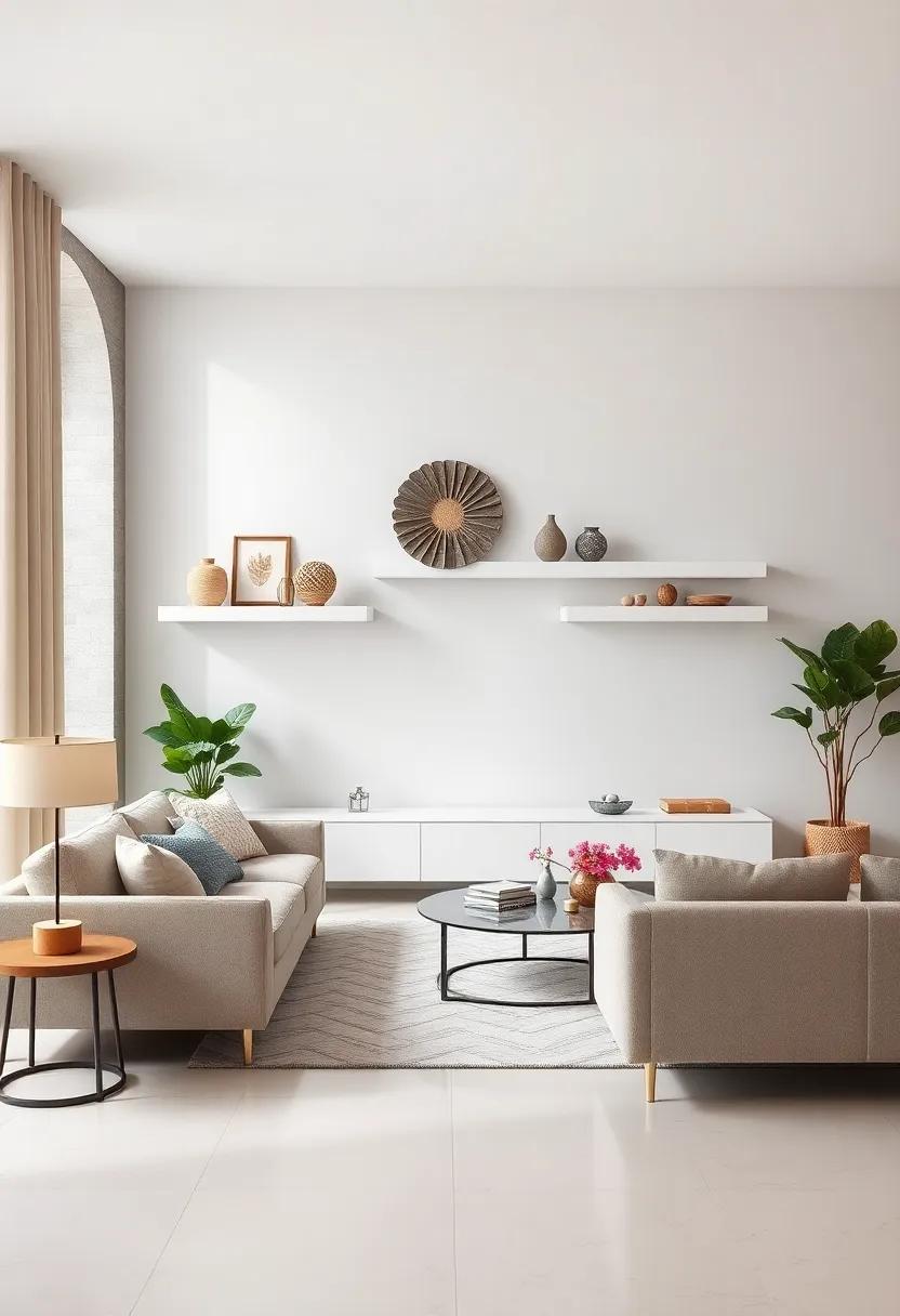 Embrace Minimalism: Keep it simple by styling your white floating shelves with a few choice decor pieces that embody the minimalist philosophy