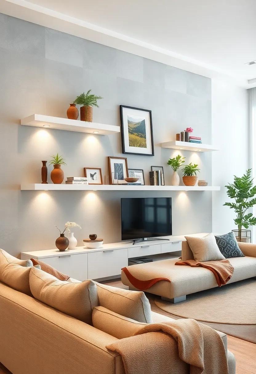 Lighting Feature: Incorporate small LED spotlights or fairy lights on the shelves to highlight special decor and create a cozy ambiance