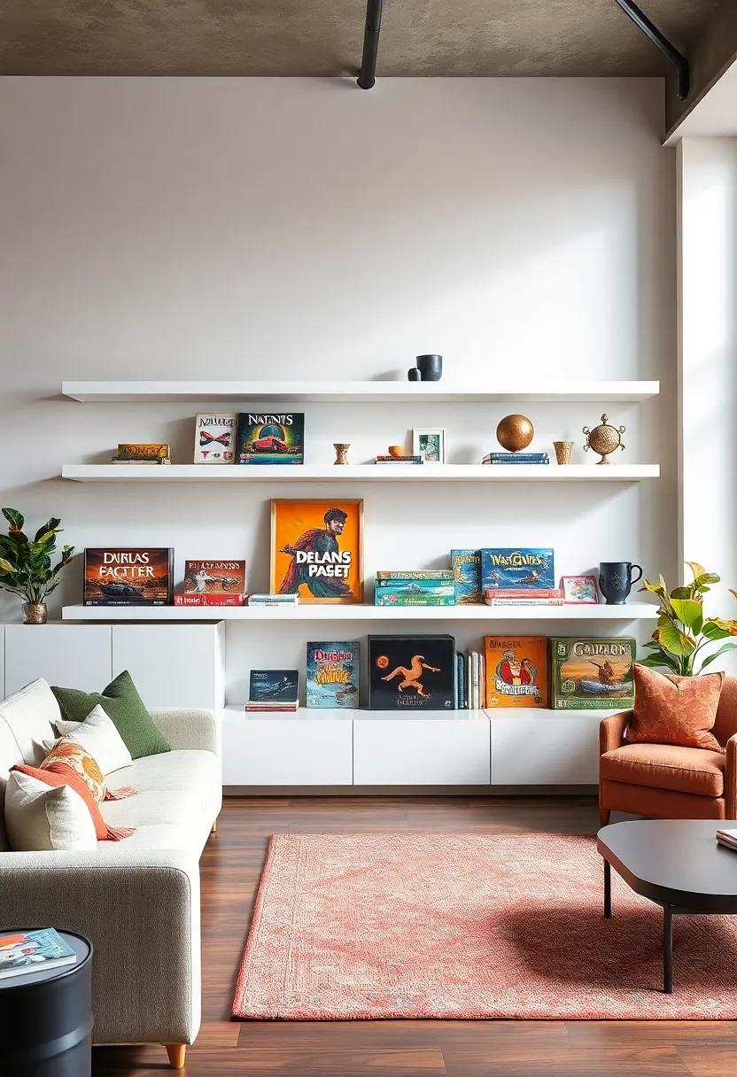 board Games Corner: Showcase colorful board game boxes alongside decorative elements, turning your shelves into a fun and inviting game corner