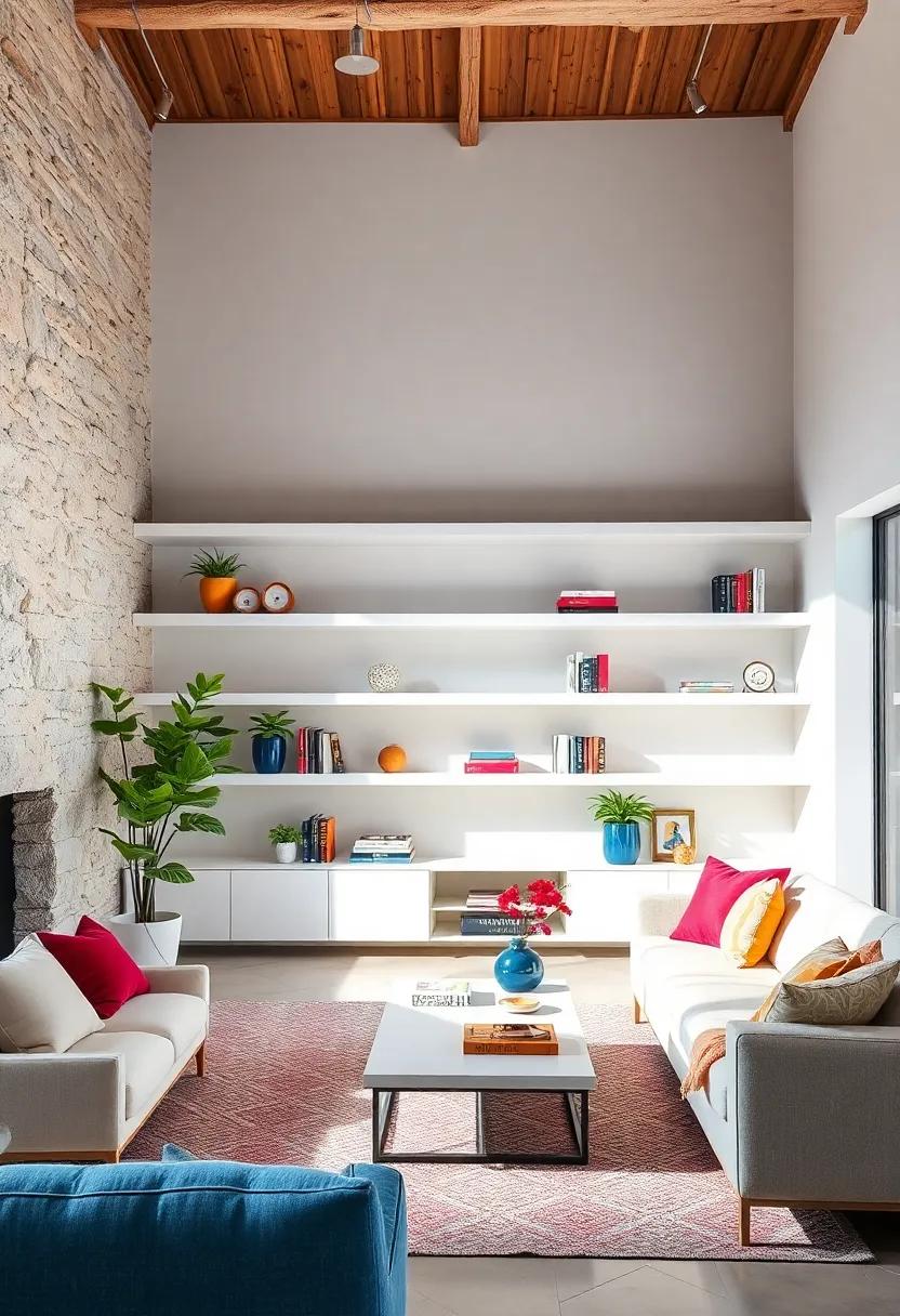 Color Pop: Use colorful decor items or books alongside the white shelves to introduce vibrant pops of color and create visual contrast
