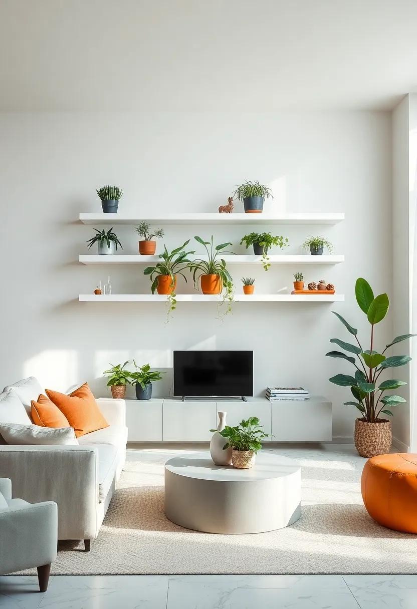 Botanical Bliss: Add a touch of nature by incorporating potted plants on your shelves, creating a refreshing green contrast against the white