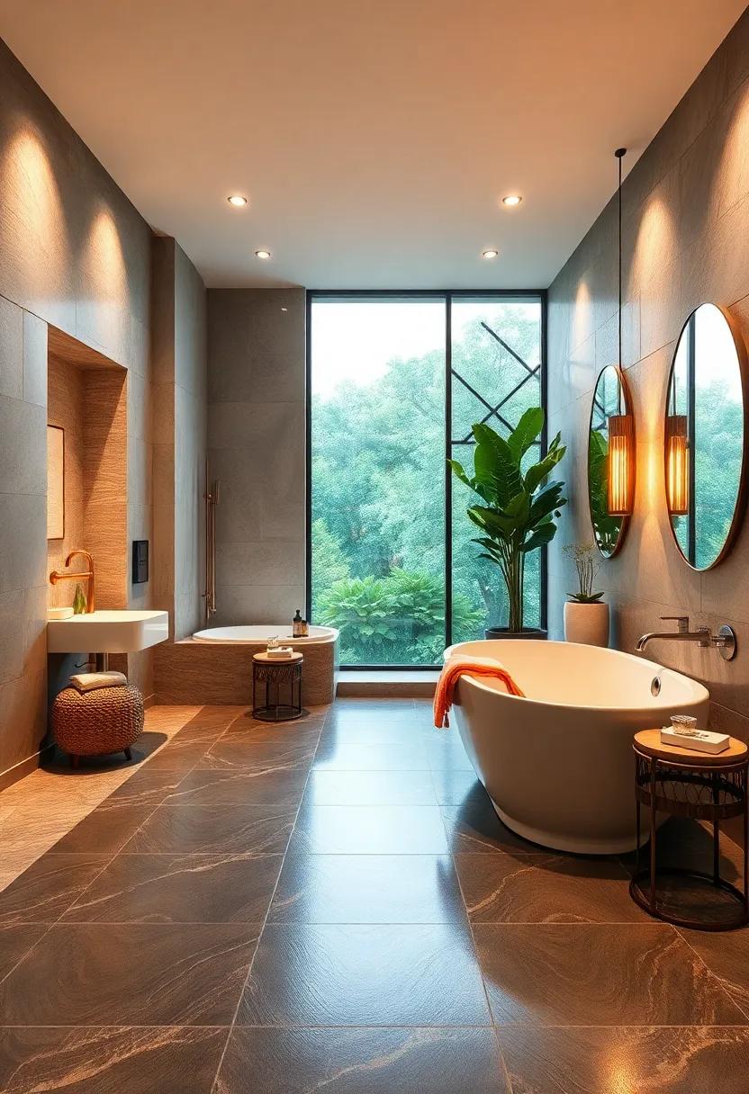 Channel spa vibes ​in a spacious bathroom featuring⁣ biophilic ‌design ⁣elements and⁤ radiant heated ⁢floors that‌ mimic the warmth⁢ of nature, ⁤bringing the outdoors inside