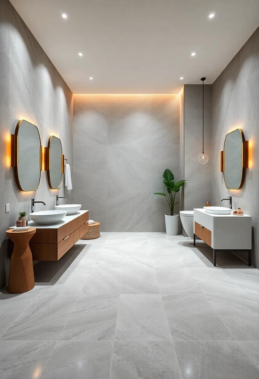Embrace modern elegance with‍ sleek, minimalist designs featuring ⁢heated tile⁣ floors ​that seamlessly complement‍ modern lighting ⁣fixtures and chic vanities