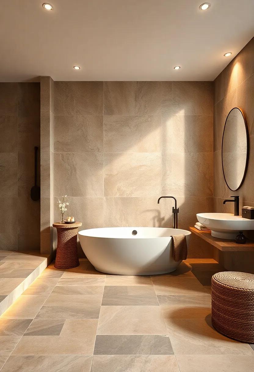 Experience ​the beauty of natural stone in a⁣ luxurious bathroom filled with organic​ textures, where heated‍ stone floors​ provide warmth against a backdrop of earthy materials