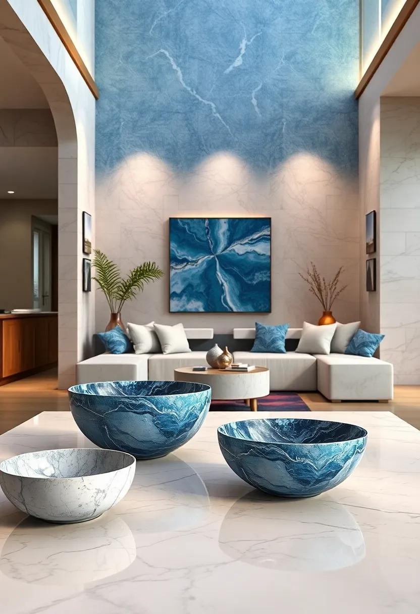 Decorative Blue Marble Bowls: Use these striking bowls as centerpieces or for functional storage, making a statement while keeping your space organized