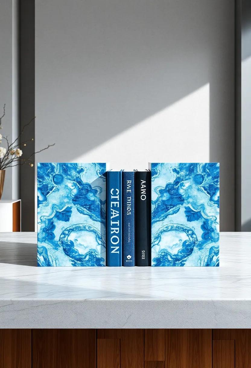 Blue Marble Bookends: Ensure your book collection stays pristine and organized with these artistic blue marble bookends that bring a modern flair to your shelves