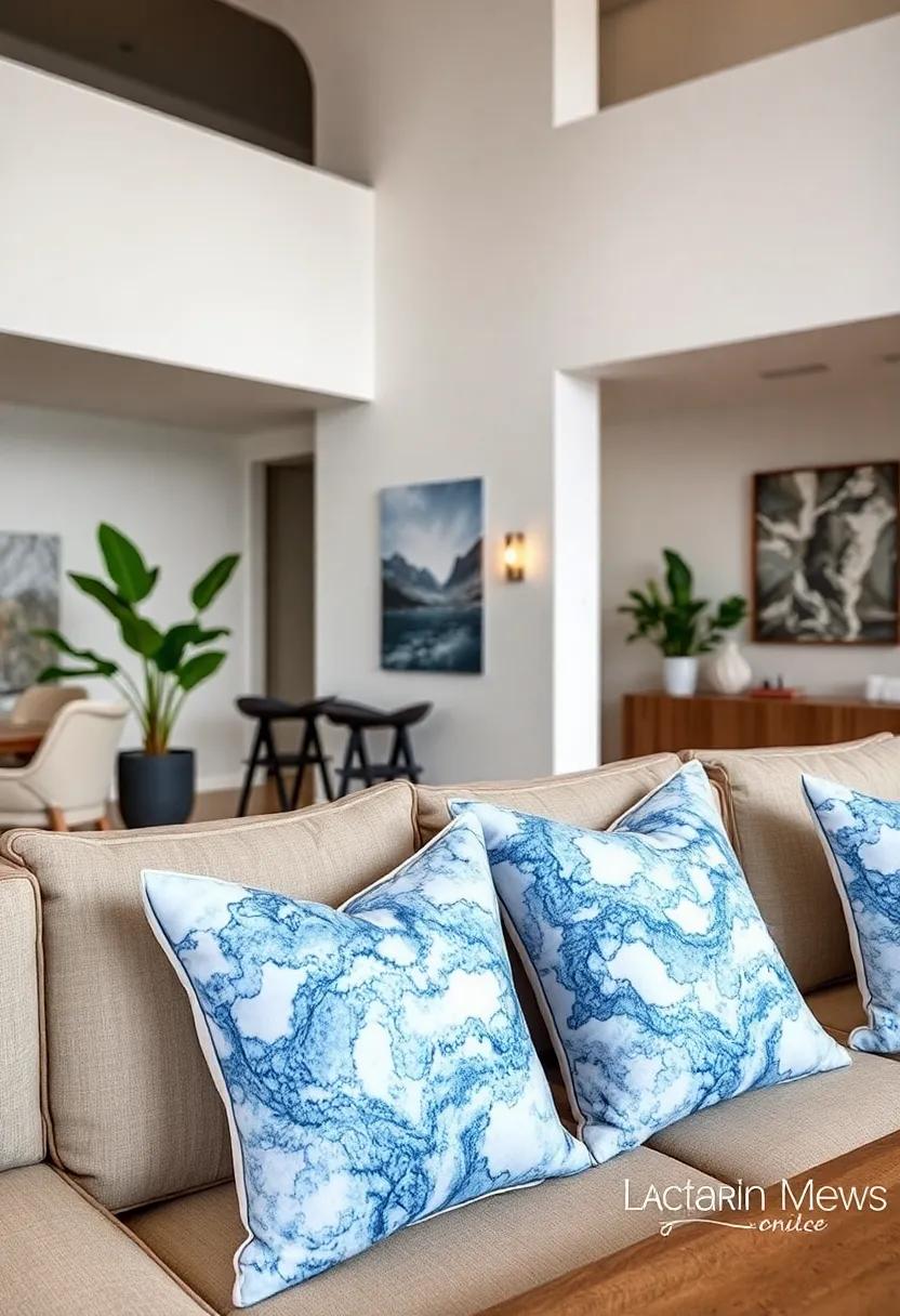 Blue Marble Accent Pillows: Liven up your seating area with luxurious accent pillows featuring blue marble patterns, infusing your space with rich textures
