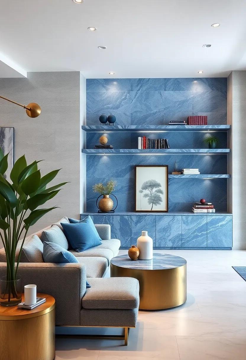 Custom Blue Marble Shelves: Create personalized shelving solutions with custom-fitted blue marble shelves that showcase your favorite art and books in style