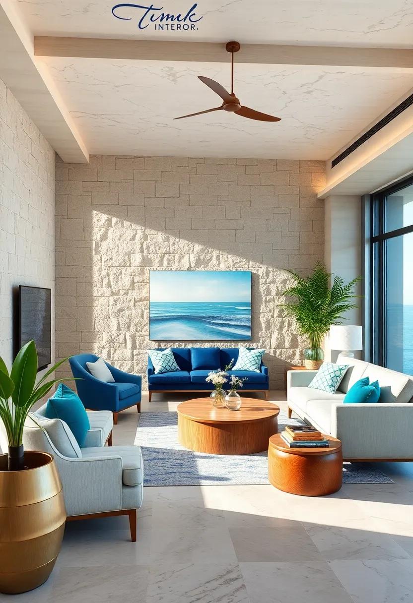 Add a Splash of Ocean Colors: Incorporate accent pieces in deep navy or seafoam green to evoke the essence of water without overwhelming the space