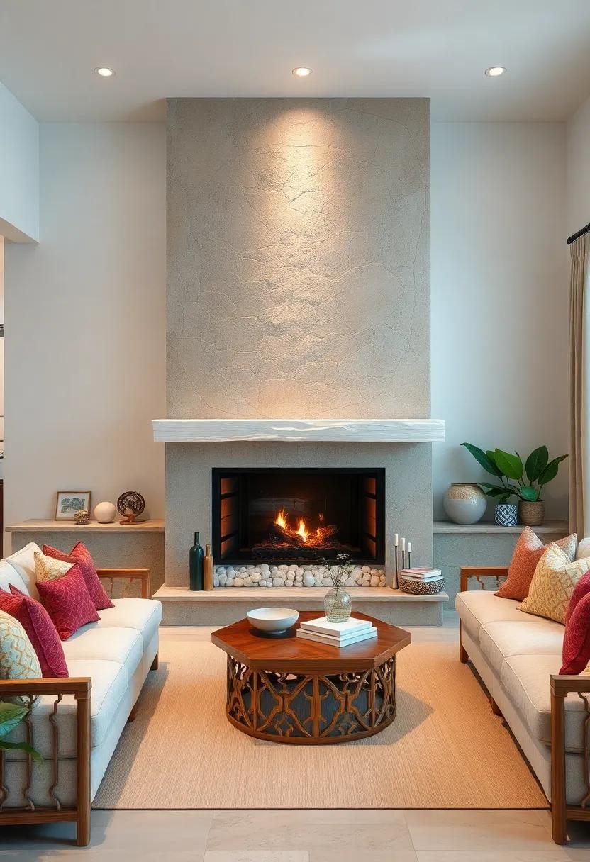 Add a Coastal Fireplace: If feasible, include a fireplace with beachy elements, such as pebble surrounds, to create a focal point that invites warmth and comfort