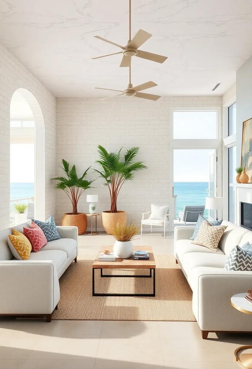 Bring the Outdoors In: Use large indoor plants or coastal-inspired arrangements, like succulents or beach grasses, to create a seamless transition from outside to inside