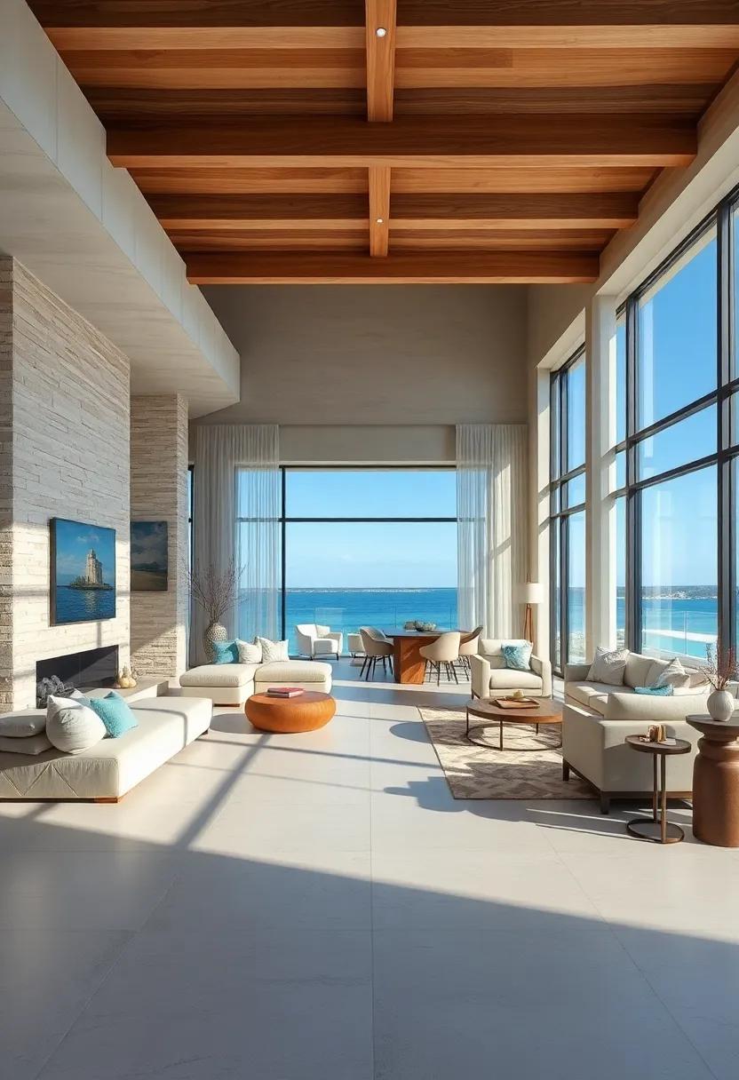 Create a Flowing Floor Plan: Open spaces with minimal barriers allow for an uncluttered sense of movement, mirroring the expansive feel of the seaside