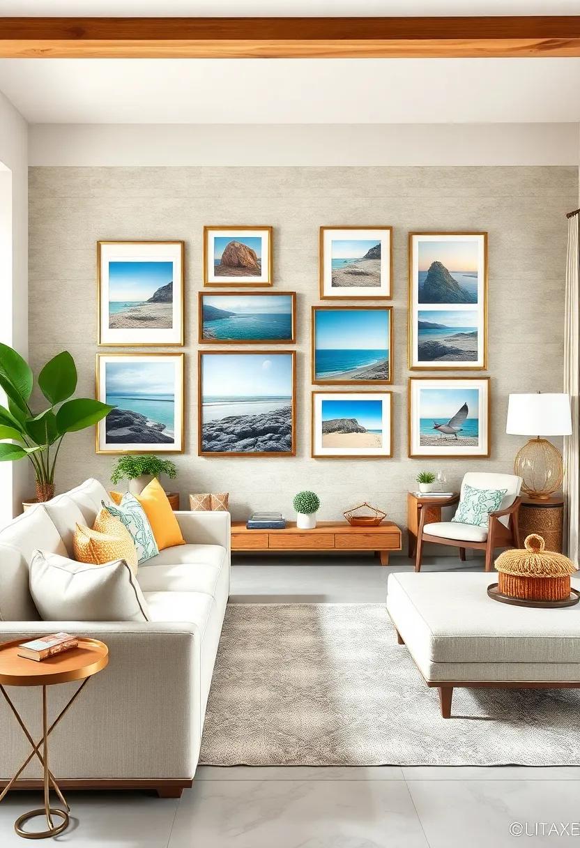 Curate a Coastal Gallery Wall: Create a collection of framed family photos, beach views, and art pieces that celebrate your love for the coast