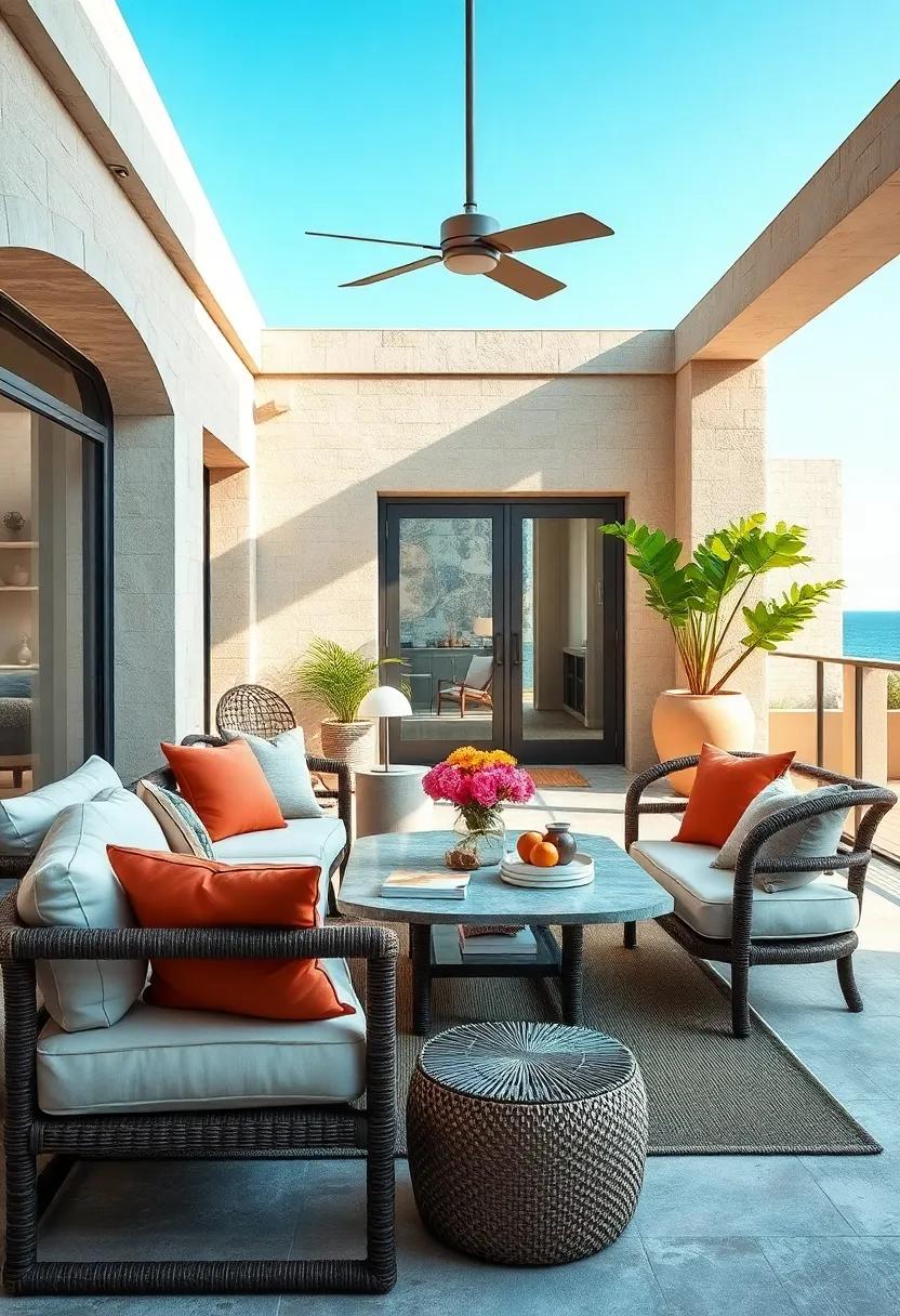 Design Inviting Outdoor Spaces: Furnish your patio or balcony with luxurious outdoor seating and an inviting table to enhance your coastal living experience