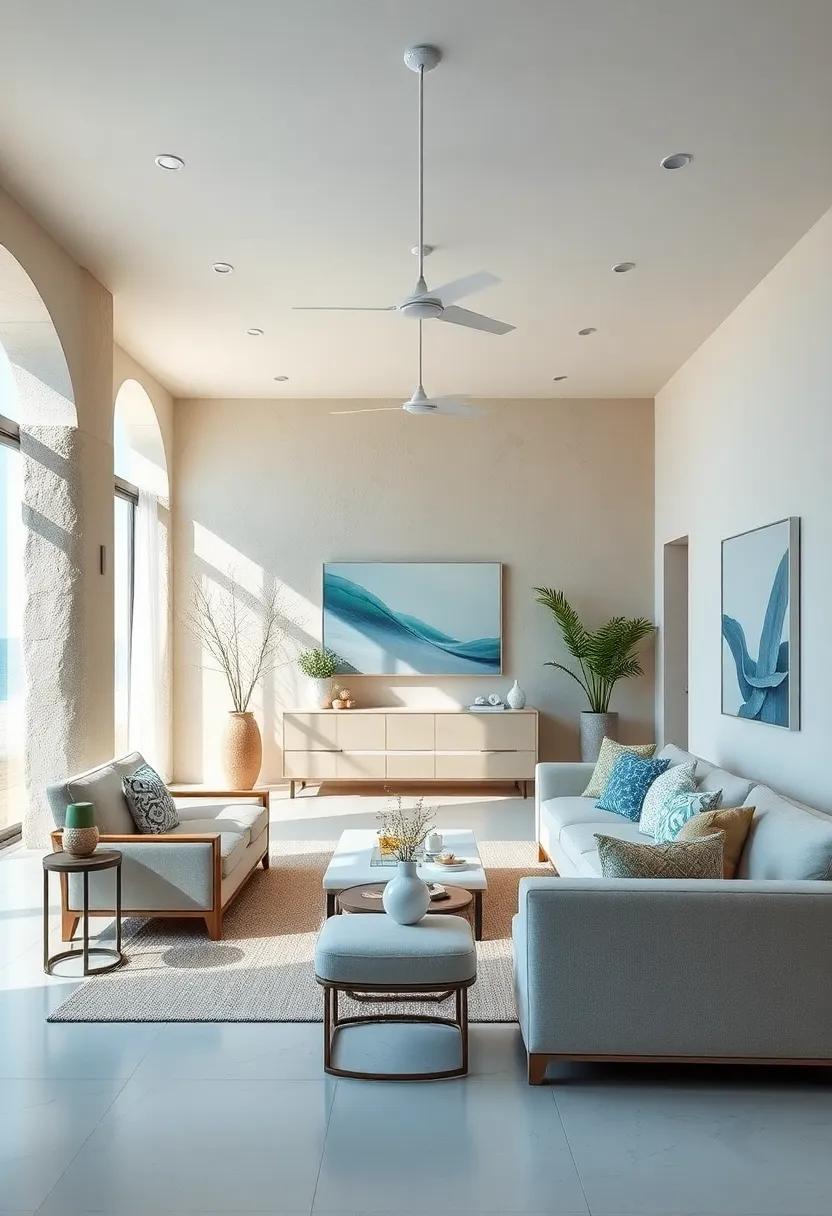 Embrace a Soft Color Palette: Choose soothing shades of blues, whites, and sandy beiges to create a calming coastal vibe in your living spaces