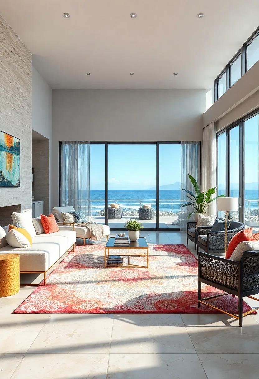 Feature Coastal-Inspired Rugs: Layer area rugs that mimic neutrals found on beaches or vividly colored patterns inspired by ocean life for both style and comfort