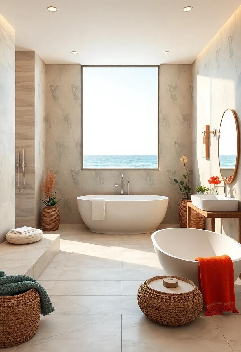 Focus on relaxation with spa-Like Bathrooms: Design a bathroom with ocean-inspired tiles,soaking tubs,and plush towels to create a tranquil escape reminiscent of a seaside resort