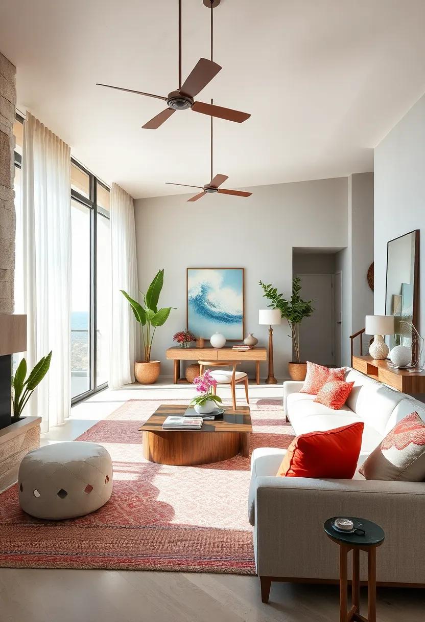 Maximize Natural Light: Use sheer window treatments and strategically placed mirrors to enhance sunlight, creating an airy and bright atmosphere reminiscent of ocean breezes