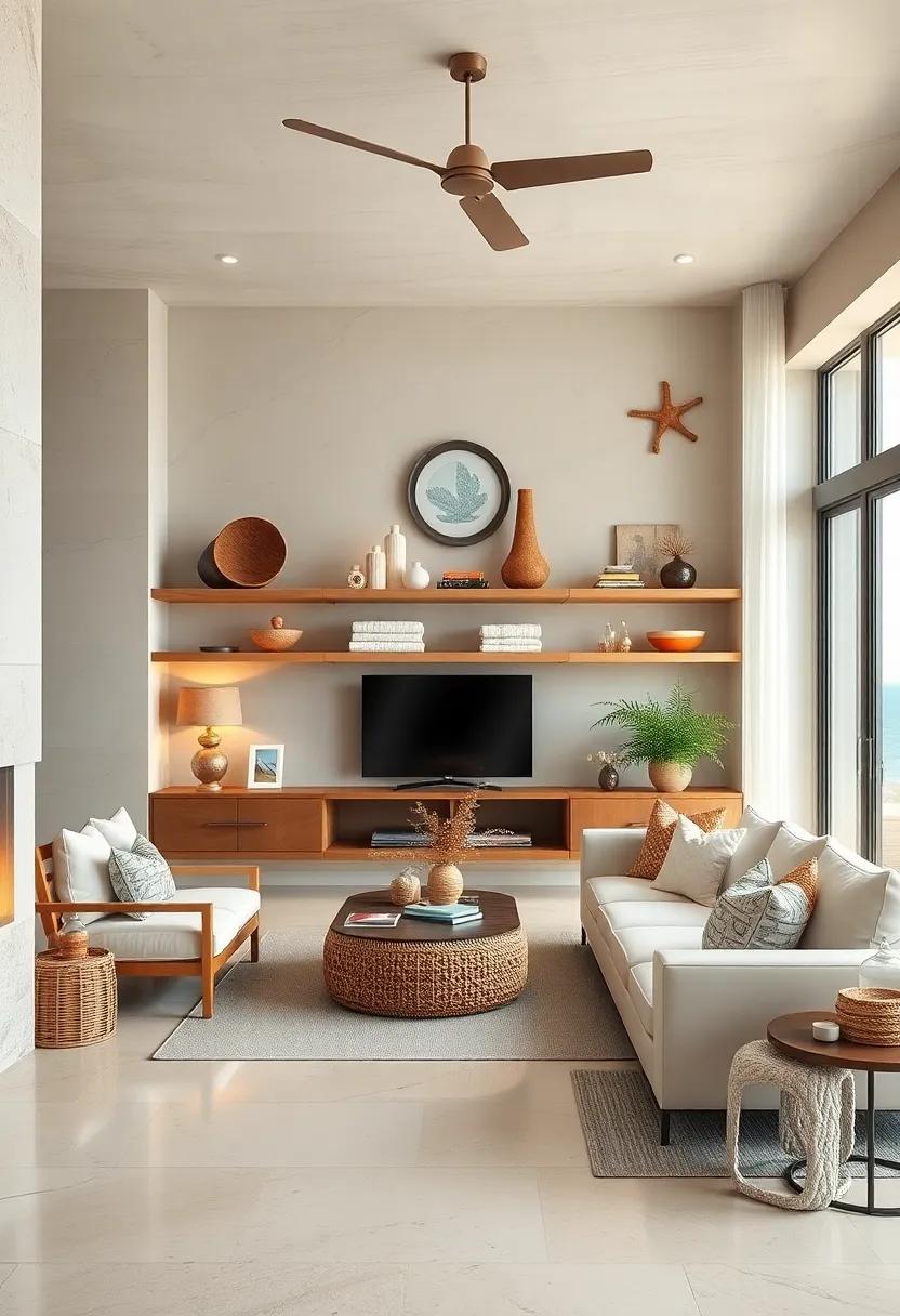 Utilize Open Shelving: Display cherished coastal decor, stacks of beach towels, or curated collections of ocean treasures on open shelves for a lived-in feel