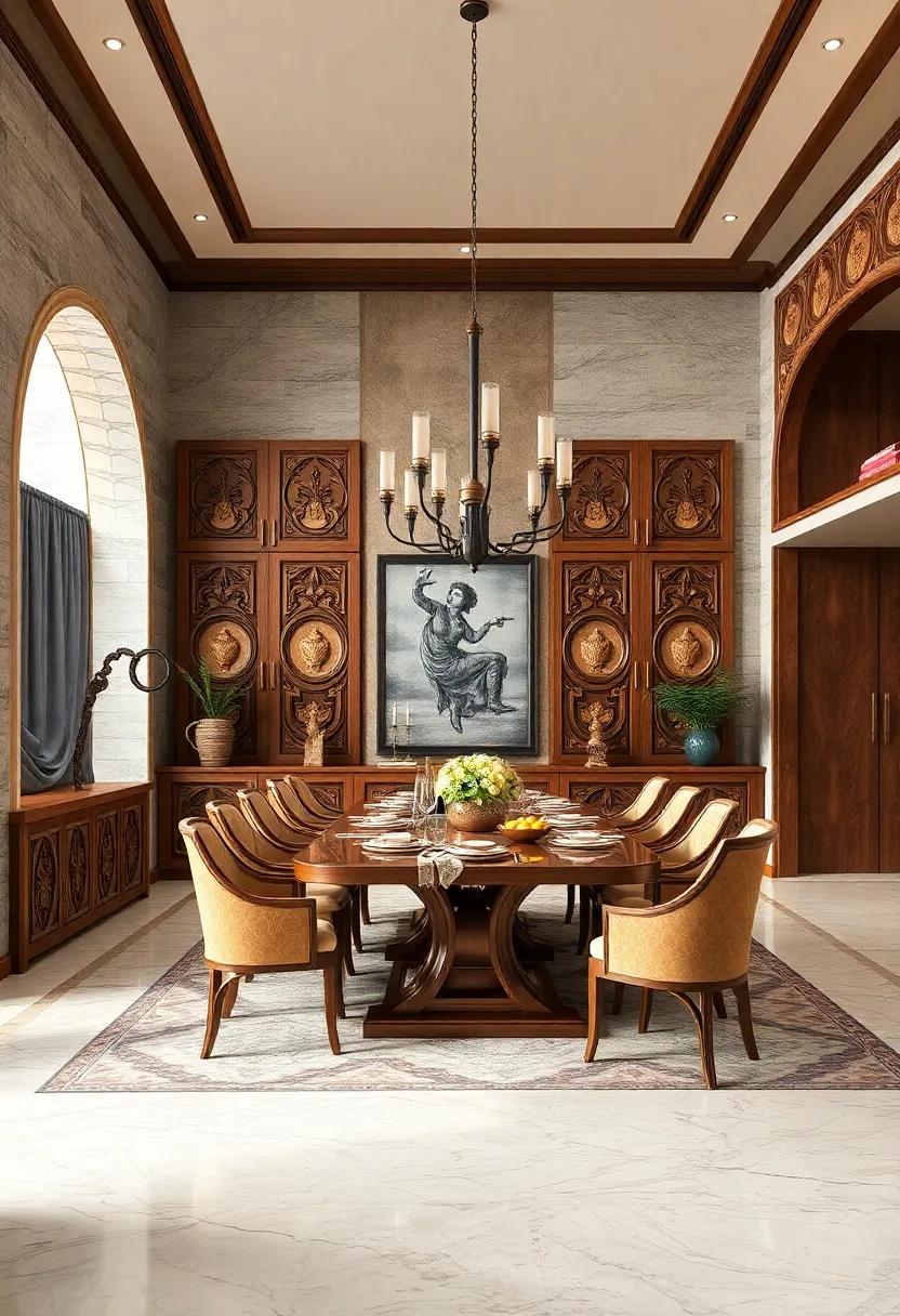 Embrace opulence with a grand dining room featuring intricate, hand-carved cabinetry ⁢that showcases rich wood grains and ⁣elegant‌ finishes, ​perfect for family ⁣gatherings