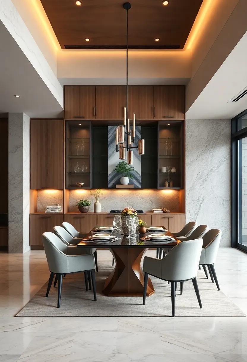 Marvel at a contemporary dining room where cabinetry extends to the ceiling, offering sleek lines and maximizing space while incorporating stylish lighting
