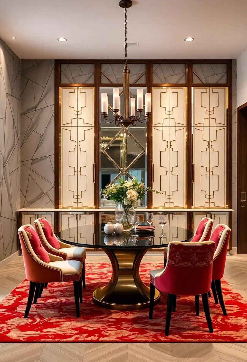 Revel in the glamour of an Art Deco-inspired dining room, where cabinetry adorned ⁤with ⁢geometric patterns and ⁤mirrored finishes captures the spirit of the roaring twenties