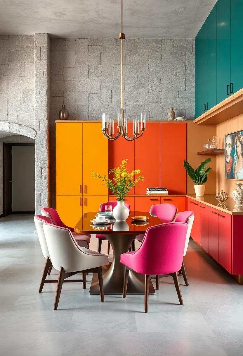 Reimagine a vibrant dining area where bold cabinetry colors create a ​playful contrast against neutral decor, making the space both lively ​and luxurious