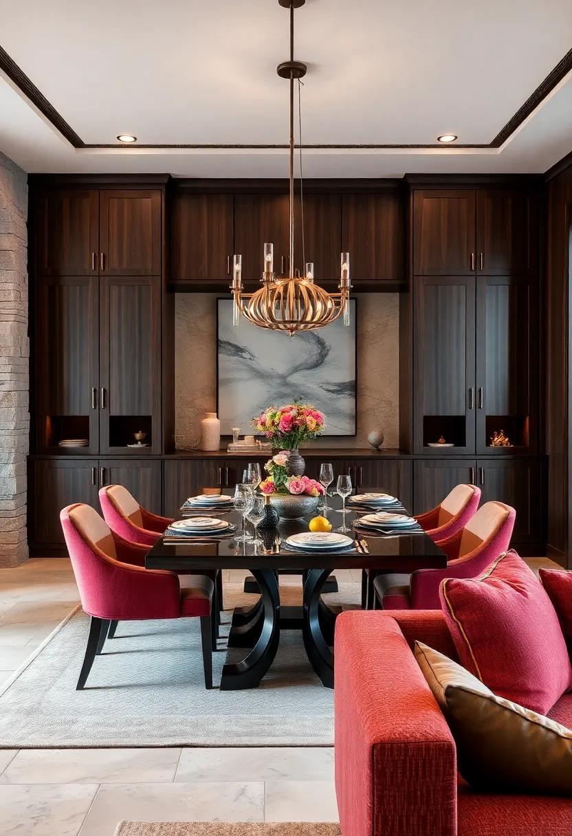 Savor a lavish dining space where rich, dark cabinetry sets the scene for an intimate dinner, complemented ‍by ​ambient lighting for a cozy ‌yet ‍upscale feel