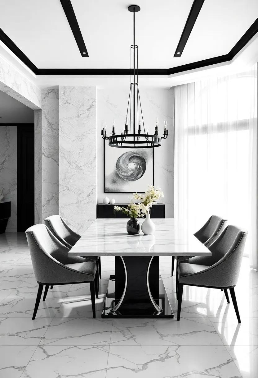 embrace the elegance of a black and white dining room, where sleek furniture meets striking geometric patterns, creating a space that exudes modern sophistication