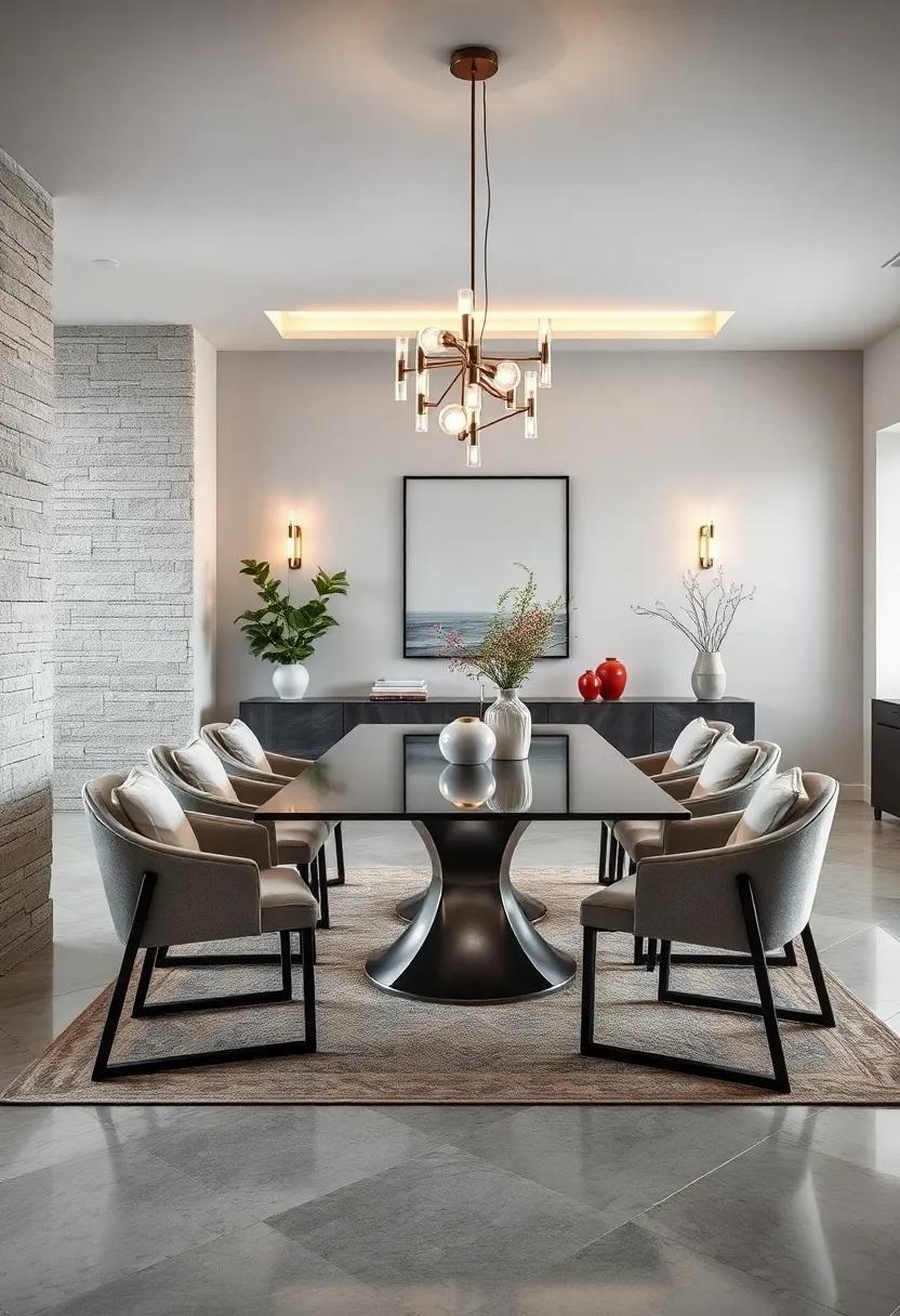 Delve into the delicate balance of a pearl grey dining room,illuminated by modern light fixtures that add a touch of glamour without overwhelming the serene setting